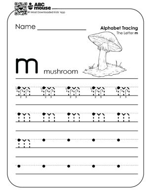 Lowercase letter m worksheet and alphabet tracing sheet with a black and white mushroom to color