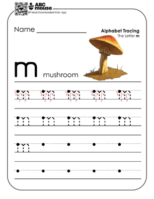 Lowercase letter m worksheet and alphabet tracing sheet with a colorful mushroom