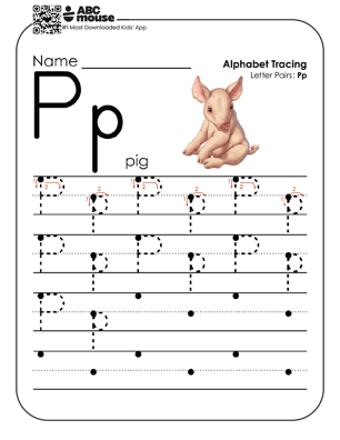 Uppercase and lowercase letter Pp worksheet and alphabet tracing sheet with a cute pig and letters to trace.