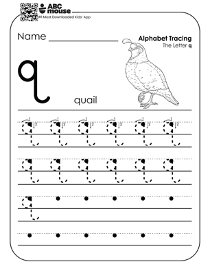 Lowercase letter q worksheet and alphabet tracing sheet with a black and white quail to color and letters to trace.