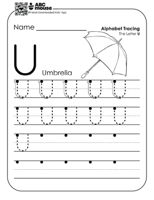 Uppercase letter U worksheet and alphabet tracing sheet with a black and white umbrella to color and letters to trace.