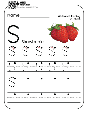 Uppercase letter S worksheet and alphabet tracing sheet with a red strawberry and letters to trace.