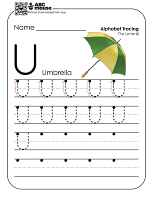 Uppercase letter U worksheet and alphabet tracing sheet with a green and yellow umbrella and letters to trace.