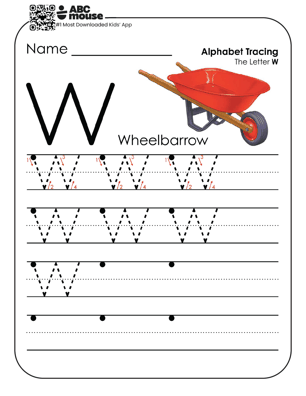 Uppercase letter W worksheet and alphabet tracing sheet with a red wheelbarrow and letters to trace.