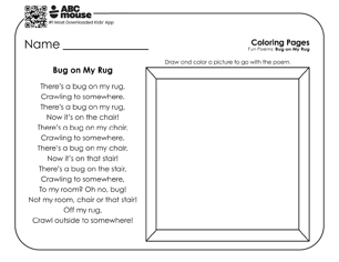 Literacy worksheets featuring Bug on My Rug poem with a blank frame to add an illustration to go with the poem