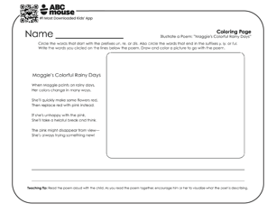 Literacy worksheets featuring Maggies Colorful Rainy Day poem with a blank box to add an illustration to go with the poem