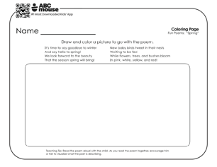 Literacy worksheets featuring Spring poem with a blank square to add an illustration to go with the poem
