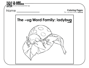 Black and white coloring page with a ladybug on a leaf and the words The -ug Word Family.