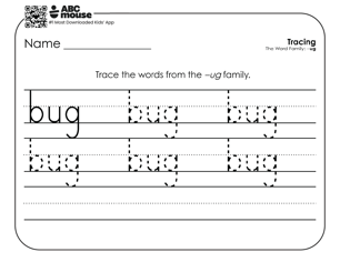 Black and white handwriting and word family worksheet for children to trace and practice writing the word bug