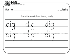 Black and white handwriting and word family worksheet for children to trace and practice writing the word dig