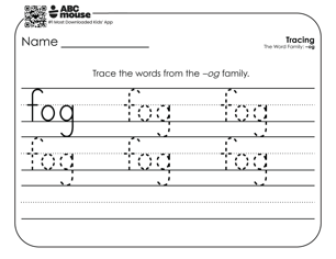 Black and white handwriting and word family worksheet for children to trace and practice writing the word frog