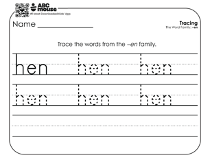 Black and white handwriting and word family worksheet for children to trace and practice writing the word hen