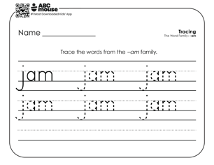 Black and white handwriting and word family worksheet for children to trace and practice writing the word jam
