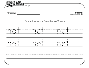 Black and white handwriting and word family worksheet for children to trace and practice writing the word net