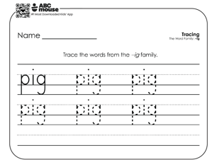 Black and white handwriting and word family worksheet for children to trace and practice writing the word pig