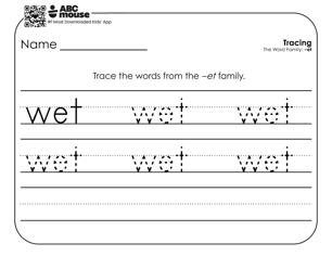 Black and white handwriting and word family worksheet for children to trace and practice writing the word wet