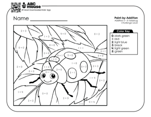 Black and white challenge level color by addition worksheet with a ladybug on a leaf.