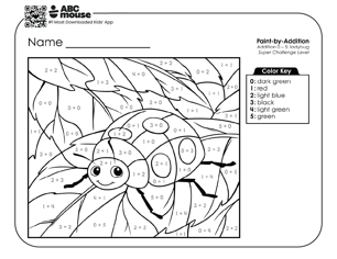 Black and white super challenge level color by addition worksheet with a ladybug on a leaf.