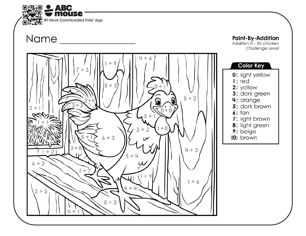 Black and white challenge level color by addition worksheet with a chicken in a coop.