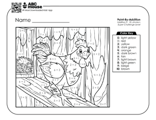 Black and white super challenge level color by addition worksheet with a chicken in a coop.