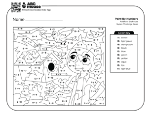 Black and white super challenge level color by addition worksheet with a bird on a bird house and young boy watching them.