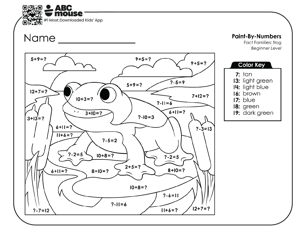 Black and white beginner level color by addition worksheet with a frog on a lily pad in a pond.
