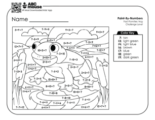 Black and white challenge level color by addition worksheet with a frog on a lily pad in a pond.