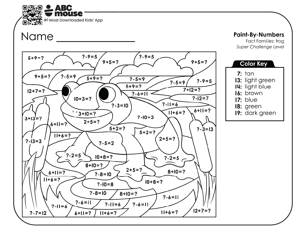 Black and white super challenge level color by addition worksheet with a frog on a lily pad in a pond.