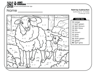 Black and white challenge level color by subtraction worksheet with sheep and lamb on a farm.