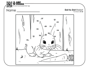 Black and white dot-to-dot image with numbers 21-35 of a rabbit and a carrot.