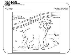 Black and white dot-to-dot image with numbers 21-30 of a sheep and a fence on a farm.