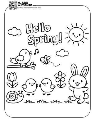 Black-and-white coloring page of a bird, two chicks, a bunny, a snail, and tulips under a smiling sun, with “Hello Spring!” at the top.