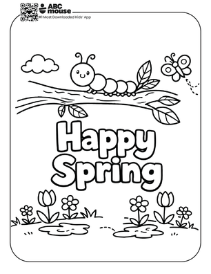 Black-and-white coloring page of a smiling caterpillar resting on a tree branch with flowers and clouds around it, with “Happy Spring” below.