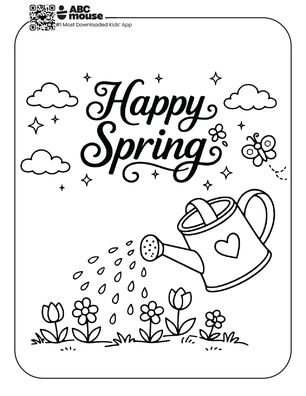 Black-and-white coloring page of a watering can pouring water onto flowers and plants, with butterflies and clouds in the sky and “Happy Spring” written above.