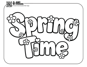 Black-and-white coloring page with large bubble letters spelling “Spring Time” decorated with flowers and leaves.