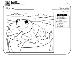 Free printable easy color by letter frog picture for preschool and kindergarten