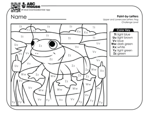 Free printable color by letter frog picture for preschool and kindergarten