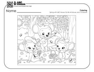 Spring coloring page of ABCmouse, DoReMi, and 123 outside