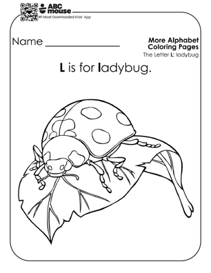 L is for ladybug coloring page with ladybug on a leaf for alphabet practice