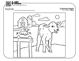 Spring coloring page of young sheep on a farm with a barn behind it.