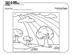 Spring coloring page of a rainbow in the sky over trees and grass