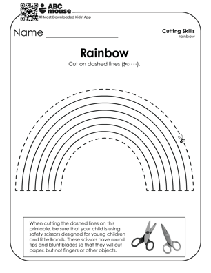Rainbow tracing, coloring, and cutting page for cutting practice