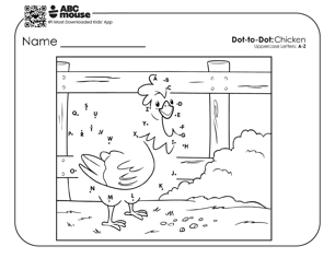 Alphabet dot-to-dot of a chicken on a farm and letter A-Z