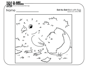 Dot-to-dot of baby chicken emerging from a cracked egg shell and letters A-Z.