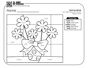 Easy color by sight word printable with sight words for preschoolers written on flowers in a flower pot