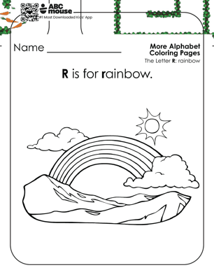 R is for rainbow coloring page for alphabet practice