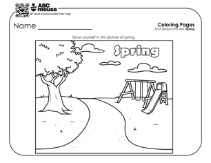 Black and white coloring pages featuring the word spring and park and playground scene