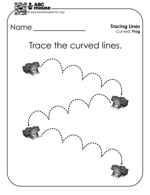 Black and white image of hopping frogs with curved lines to trace for early handwriting practice