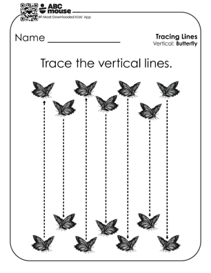 Black and white image of butterflies with vertical to trace for early handwriting practice