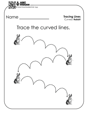 Black and white image of hopping rabbit with curved lines to trace for early handwriting practice